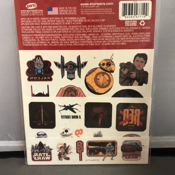 Star Wars 4-pc Set Tattoos Stick Pens Kylo Ren Eraser BB-8 Clip-on Coin Purse - Picture 3 of 9